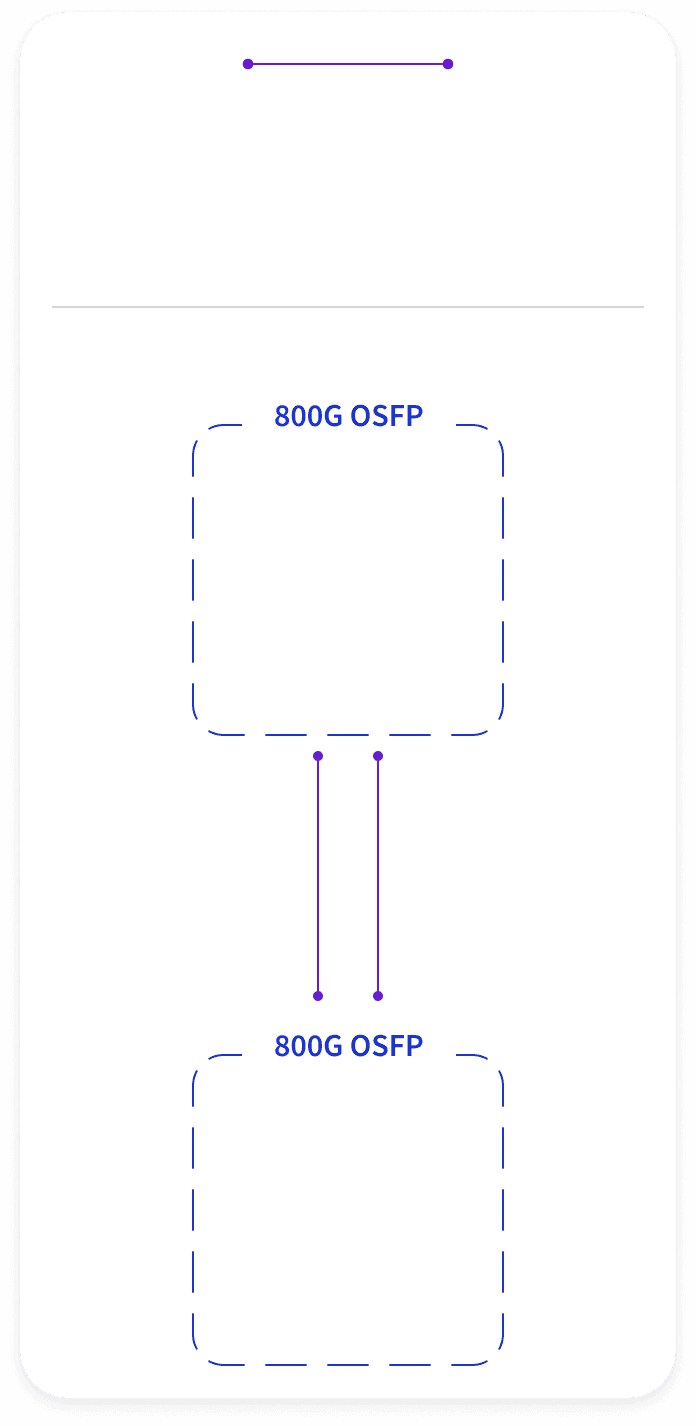 Diagram of 800G-OSFP800-502 connected to two independent Type B MPO-12/APC trunk cables, one per 400G DR4 engine