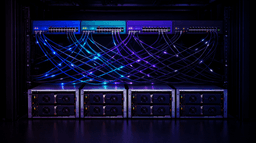 GPU cluster servers connected by illuminated fiber optic cables to network switches inside a data center rack
